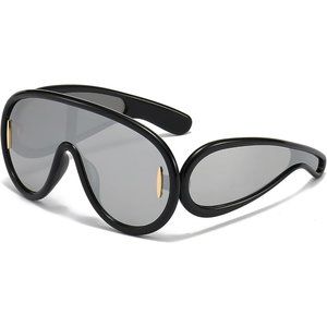 Women Fashion Wave Mask Oversized Silver Mirrored Futuristic Shield Sun Glasses